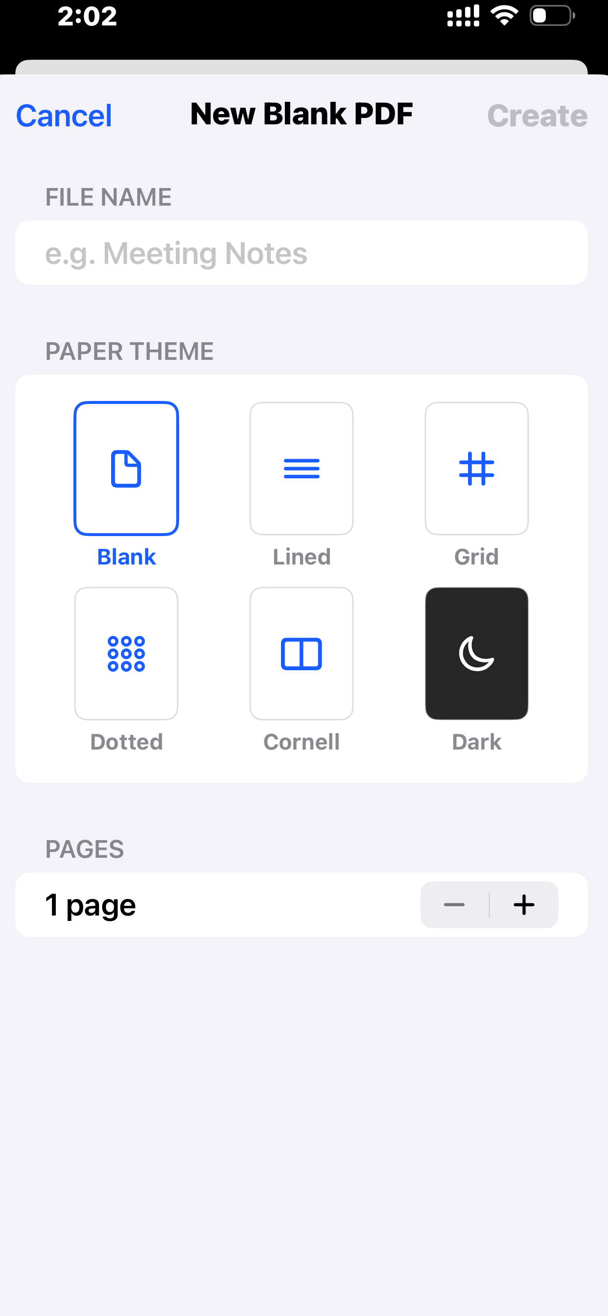 New Blank PDF with paper theme selection